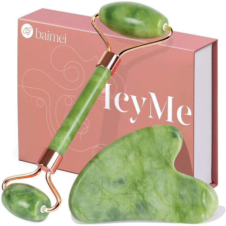 A BAIMEI IcyMe green jade roller and a matching green jade gua sha tool displayed together in an elegant box.
