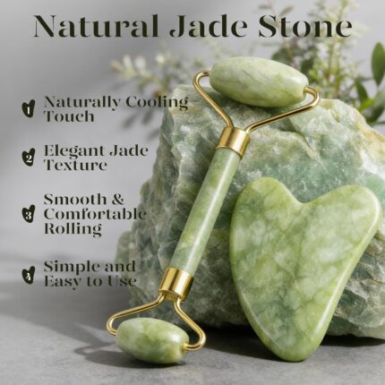 A BAIMEI IcyMe green jade roller and a matching green jade gua sha tool displayed together in an elegant box.