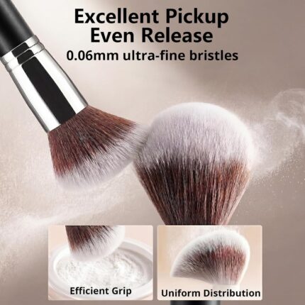 A BEAKEY 12-piece makeup brush set featuring 10 black and silver brushes and 2 blending sponges laid out on a clean surface.