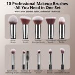 A BEAKEY 12-piece makeup brush set featuring 10 black and silver brushes and 2 blending sponges laid out on a clean surface.