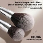 A BEAKEY 12-piece makeup brush set featuring 10 black and silver brushes and 2 blending sponges laid out on a clean surface.
