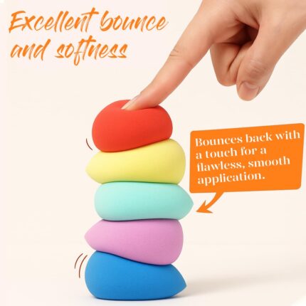 Five multi-colored BEAKEY makeup sponges in a teardrop shape, posed on a clean surface, ready for makeup application.