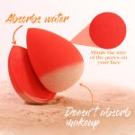 Five multi-colored BEAKEY makeup sponges in a teardrop shape, posed on a clean surface, ready for makeup application.