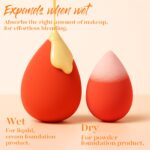 Five multi-colored BEAKEY makeup sponges in a teardrop shape, posed on a clean surface, ready for makeup application.
