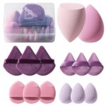 A-Purple BS-MALL 14-piece triangular makeup sponge set with a gradient pink travel case, shown with several sponges.