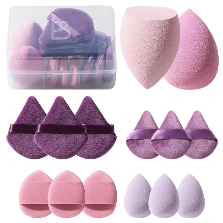 A-Purple BS-MALL 14-piece triangular makeup sponge set with a gradient pink travel case, shown with several sponges.