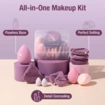 A-Purple BS-MALL 14-piece triangular makeup sponge set with a gradient pink travel case, shown with several sponges.