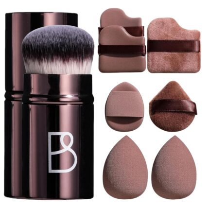 BS-MALL telescopic kabuki brush and seven coffee-colored makeup sponges for foundation and blending.