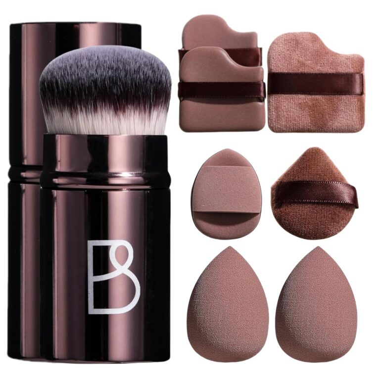 BS-MALL telescopic kabuki brush and seven coffee-colored makeup sponges for foundation and blending.