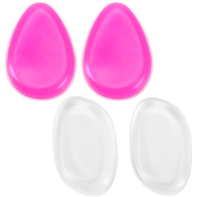 A set of four BuleVina jelly silicone makeup sponges in pink and clear, with pear and rectangular shapes, for cosmetic applic
