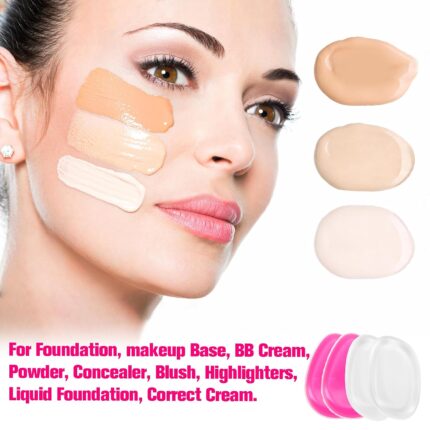 A set of four BuleVina jelly silicone makeup sponges in pink and clear, with pear and rectangular shapes, for cosmetic applic