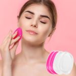 A set of four BuleVina jelly silicone makeup sponges in pink and clear, with pear and rectangular shapes, for cosmetic applic