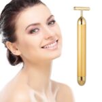A gold DANGSHAN 24K Golden Pulse T-Shape Facial Massager held upright, showcasing its sleek design.