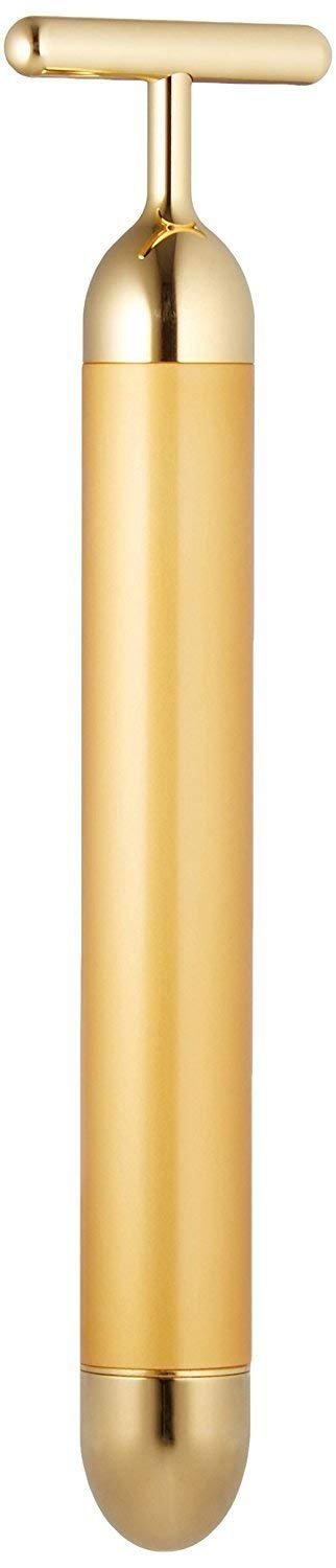 A gold DANGSHAN 24K Golden Pulse T-Shape Facial Massager held upright, showcasing its sleek design.