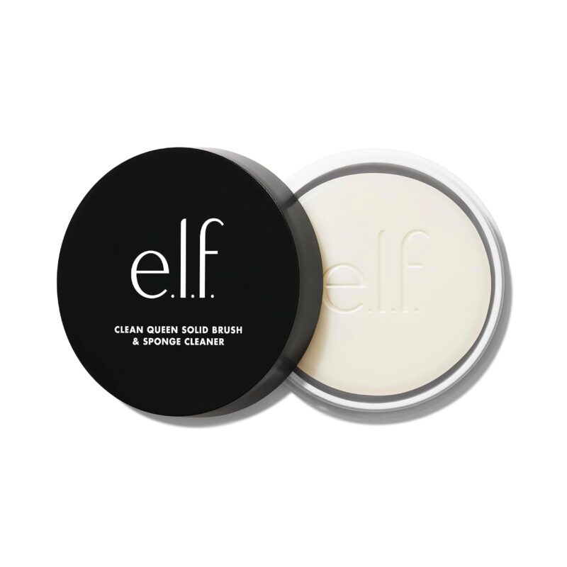 e.l.f. Clean Queen Solid Brush & Sponge Cleaner in its case with a silicone pad, shown next to a wet makeup brush.