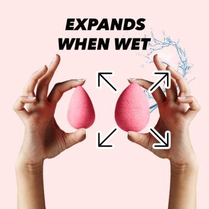 A set of 10 mixed-color, teardrop-shaped Earth & I latex-free makeup sponges, some dry and some wet and expanded.