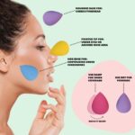 A set of 10 mixed-color, teardrop-shaped Earth & I latex-free makeup sponges, some dry and some wet and expanded.