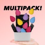 A set of 10 mixed-color, teardrop-shaped Earth & I latex-free makeup sponges, some dry and some wet and expanded.