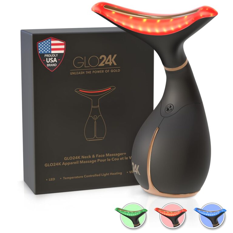 Black GLO24K LED Face Massager and Neck Wand, an anti-aging beauty tool with three LED lights.