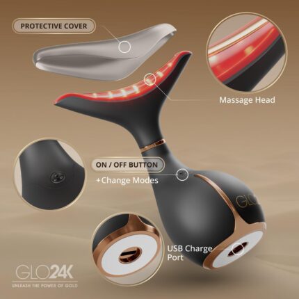 Black GLO24K LED Face Massager and Neck Wand, an anti-aging beauty tool with three LED lights.