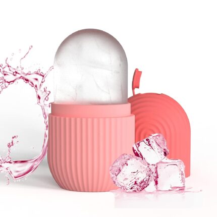 Close-up of the pink striped Joyeee silicone ice facial roller, ready for use on skin.