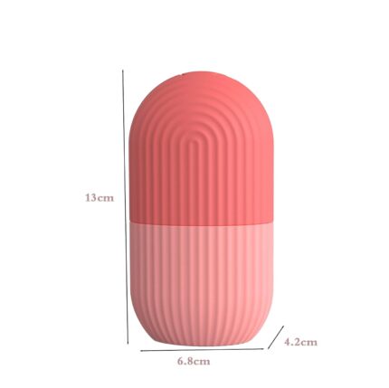 Close-up of the pink striped Joyeee silicone ice facial roller, ready for use on skin.