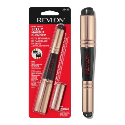 A black REVLON dual-ended jelly makeup blender with gold accents, showing the two different sized silicone tips.