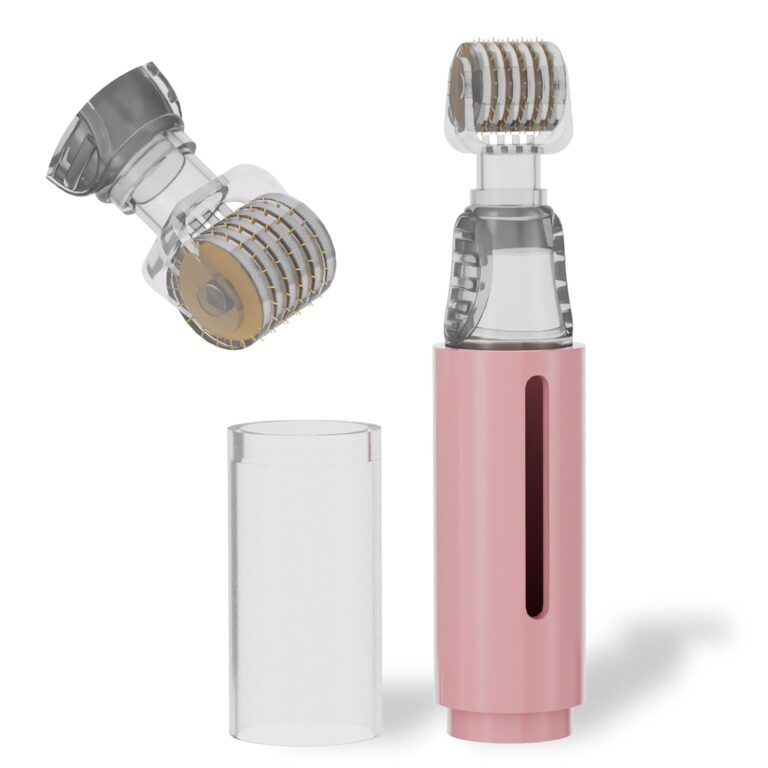 Close-up of a pink TIDEWISH 2-in-1 Derma Roller with a clear serum reservoir, showing the needle head.