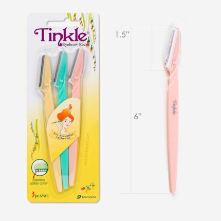Close-up of Tinkle Women's Dermaplaning Razors, showing the single blade and ergonomic handle in a 36-count box.