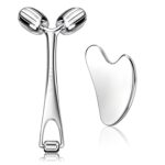 Silver Yeamon stainless steel dual-head facial roller and a matching gua sha tool on a clean surface.