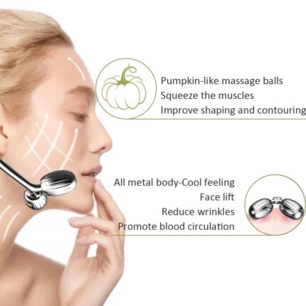 Silver Yeamon stainless steel dual-head facial roller and a matching gua sha tool on a clean surface.
